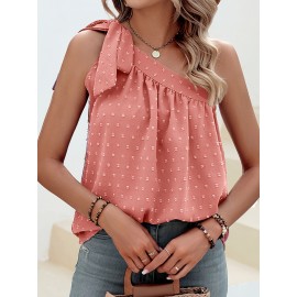 Top de ombro único com laço de moda feminina, solto, com renda e crochê, sem mangas, adequado para festas de verão e encontros.
