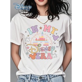 Camiseta Feminina Disney Oficial Vintage Castelo Gráfico - IN MY DISNEY VERA Retro, Blusa Casual Gola Redonda para Mulheres, Trajes de Fãs da Disney, Festas e Looks Casuais, Tecido Impresso Durável