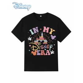 Camiseta Feminina Disney Oficial Vintage Castelo Gráfico - IN MY DISNEY VERA Retro, Blusa Casual Gola Redonda para Mulheres, Trajes de Fãs da Disney, Festas e Looks Casuais, Tecido Impresso Durável