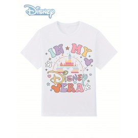 Camiseta Feminina Disney Oficial Vintage Castelo Gráfico - IN MY DISNEY VERA Retro, Blusa Casual Gola Redonda para Mulheres, Trajes de Fãs da Disney, Festas e Looks Casuais, Tecido Impresso Durável
