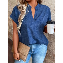 Blusa Elegante Feminina com Decote em V e Mangas Morcego - Top Leve e Respirável de Cor Sólida para Primavera/Verão, Lavável à Máquina, Casual a Formal