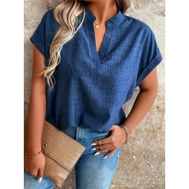 Blusa Elegante Feminina com Decote em V e Mangas Morcego - Top Leve e Respirável de Cor Sólida para Primavera/Verão, Lavável à Máquina, Casual a Formal