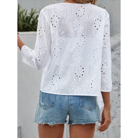 Cardigã Feminino Elegante Branco com Bordado e Ilhós - Manga 3/4 Aberto na Frente, Poliéster Respirável, Perfeito para Primavera e Verão, Leve e Versátil para Looks Casuais ou Formais