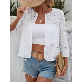 Cardigã Feminino Elegante Branco com Bordado e Ilhós - Manga 3/4 Aberto na Frente, Poliéster Respirável, Perfeito para Primavera e Verão, Leve e Versátil para Looks Casuais ou Formais