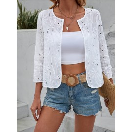 Cardigã Feminino Elegante Branco com Bordado e Ilhós - Manga 3/4 Aberto na Frente, Poliéster Respirável, Perfeito para Primavera e Verão, Leve e Versátil para Looks Casuais ou Formais