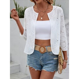 Cardigã Feminino Elegante Branco com Bordado e Ilhós - Manga 3/4 Aberto na Frente, Poliéster Respirável, Perfeito para Primavera e Verão, Leve e Versátil para Looks Casuais ou Formais