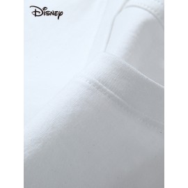 Camiseta Feminina de Algodão Puro Disney Stitch - Manga Curta com Estampa de Coração e Fogos de Artifício, Gola Redonda Branca, Top Casual para Verão e Praia, Lavagem Manual, Moda Férias, Estampa Divertida, Leve, Roupa Licenciada, Para Amantes da Moda