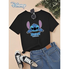 Série Disney Stitch, Camiseta de Gola Redonda para Mulheres e Homens, 180G, Design Respirável, para, Adequado para Festas de Dia dos Namorados, Tenha Cuidado