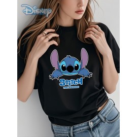 Série Disney Stitch, Camiseta de Gola Redonda para Mulheres e Homens, 180G, Design Respirável, para, Adequado para Festas de Dia dos Namorados, Tenha Cuidado