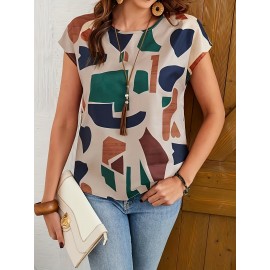 Blusa Feminina Elegante com Estampa Geométrica de Manga Curta - Tecido Respirável para o Verão, Gola Redonda Regular Fit para Uso Casual e Escritório, Roupa Casual de Verão, Textura Lisa