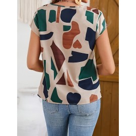 Blusa Feminina Elegante com Estampa Geométrica de Manga Curta - Tecido Respirável para o Verão, Gola Redonda Regular Fit para Uso Casual e Escritório, Roupa Casual de Verão, Textura Lisa
