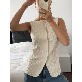 Blusa Geométrica Sem Mangas para Mulheres - Camisa Slim Fit Elástica de Botões Únicos, Top Semi-Transparente com Gola Aberta para o Verão, Elegante Casual & Escritório, Lavável à Máquina Estilo Old Money, Tecido Sofisticado