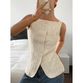 Blusa Geométrica Sem Mangas para Mulheres - Camisa Slim Fit Elástica de Botões Únicos, Top Semi-Transparente com Gola Aberta para o Verão, Elegante Casual & Escritório, Lavável à Máquina Estilo Old Money, Tecido Sofisticado