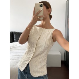 Blusa Geométrica Sem Mangas para Mulheres - Camisa Slim Fit Elástica de Botões Únicos, Top Semi-Transparente com Gola Aberta para o Verão, Elegante Casual & Escritório, Lavável à Máquina Estilo Old Money, Tecido Sofisticado