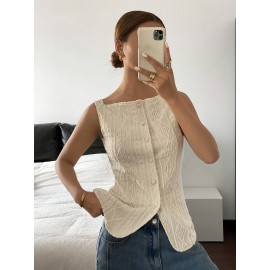 Blusa Geométrica Sem Mangas para Mulheres - Camisa Slim Fit Elástica de Botões Únicos, Top Semi-Transparente com Gola Aberta para o Verão, Elegante Casual & Escritório, Lavável à Máquina Estilo Old Money, Tecido Sofisticado
