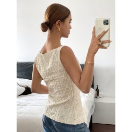 Blusa Geométrica Sem Mangas para Mulheres - Camisa Slim Fit Elástica de Botões Únicos, Top Semi-Transparente com Gola Aberta para o Verão, Elegante Casual & Escritório, Lavável à Máquina Estilo Old Money, Tecido Sofisticado