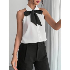 Camisa elegante sem mangas com laço na frente e blocos de cor para mulheres, adequada para deslocamentos, festas, trabalho, lazer e uso em férias na primavera, verão e outono.