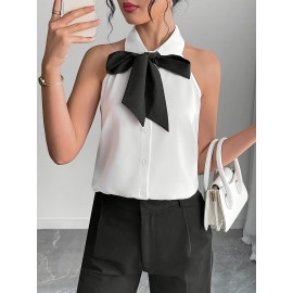 Camisa elegante sem mangas com laço na frente e blocos de cor para mulheres, adequada para deslocamentos, festas, trabalho, lazer e uso em férias na primavera, verão e outono.