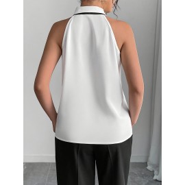 Camisa elegante sem mangas com laço na frente e blocos de cor para mulheres, adequada para deslocamentos, festas, trabalho, lazer e uso em férias na primavera, verão e outono.