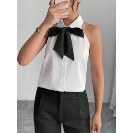 Camisa elegante sem mangas com laço na frente e blocos de cor para mulheres, adequada para deslocamentos, festas, trabalho, lazer e uso em férias na primavera, verão e outono.