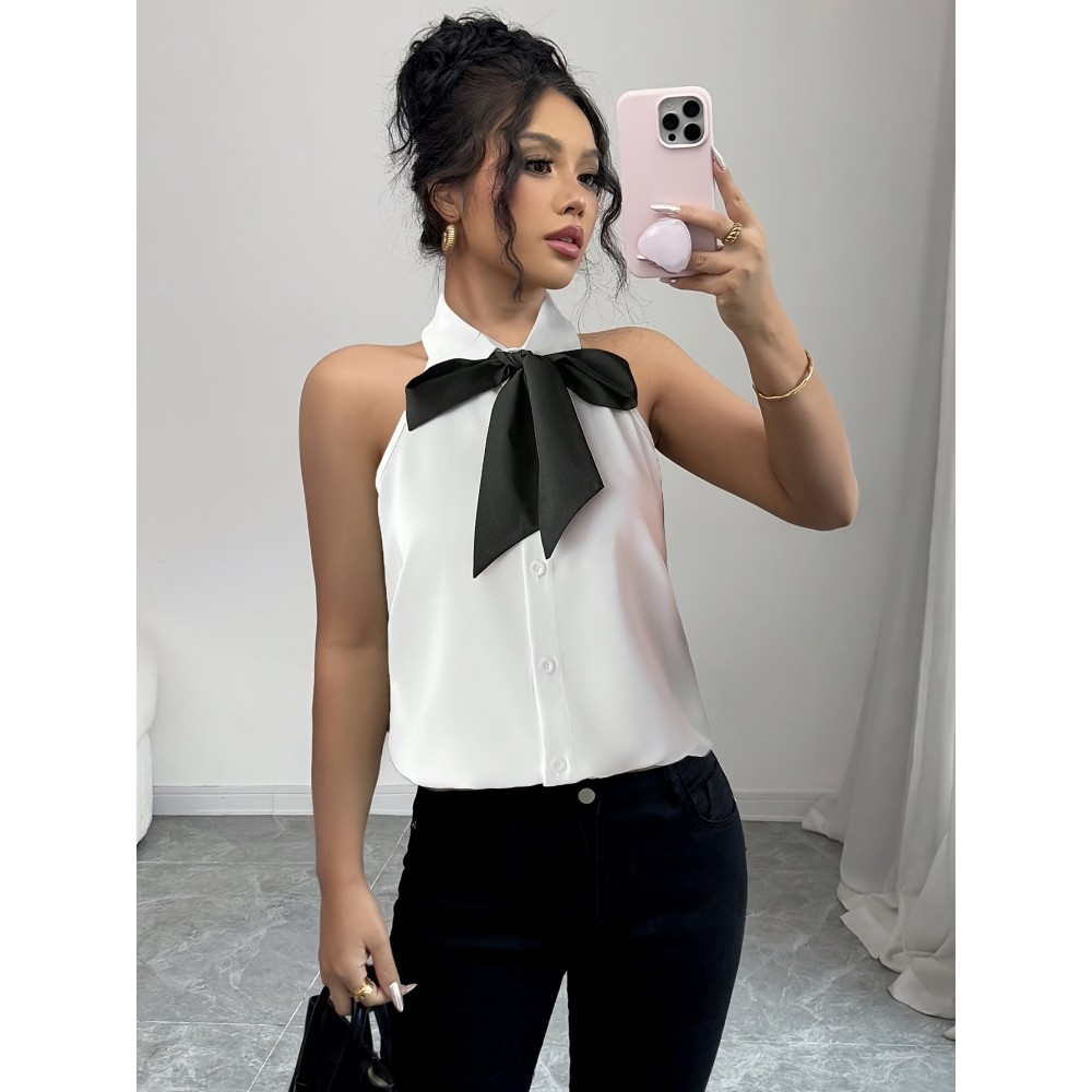 Camisa elegante sem mangas com laço na frente e blocos de cor para mulheres, adequada para deslocamentos, festas, trabalho, lazer e uso em férias na primavera, verão e outono.