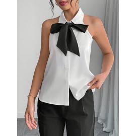 Camisa elegante sem mangas com laço na frente e blocos de cor para mulheres, adequada para deslocamentos, festas, trabalho, lazer e uso em férias na primavera, verão e outono.