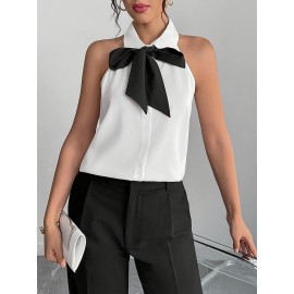 Camisa elegante sem mangas com laço na frente e blocos de cor para mulheres, adequada para deslocamentos, festas, trabalho, lazer e uso em férias na primavera, verão e outono.