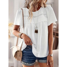 Blusa de manga com borboleta suíça para mulheres - Branca com detalhe de renda preta, decote redondo, camisa casual de verão para senhoras