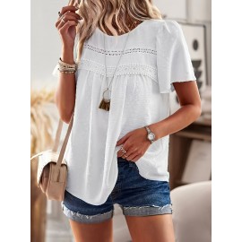 Blusa de manga com borboleta suíça para mulheres - Branca com detalhe de renda preta, decote redondo, camisa casual de verão para senhoras
