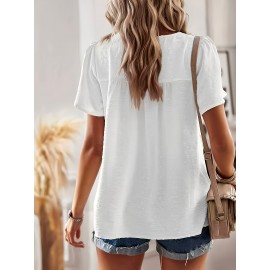Blusa de manga com borboleta suíça para mulheres - Branca com detalhe de renda preta, decote redondo, camisa casual de verão para senhoras