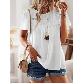 Blusa de manga com borboleta suíça para mulheres - Branca com detalhe de renda preta, decote redondo, camisa casual de verão para senhoras