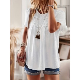 Blusa de manga com borboleta suíça para mulheres - Branca com detalhe de renda preta, decote redondo, camisa casual de verão para senhoras
