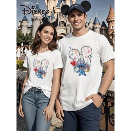 Camiseta Feminina de Algodão Puro Disney Stitch - Manga Curta com Estampa de Coração e Fogos de Artifício, Gola Redonda Branca, Top Casual para Verão e Praia, Lavagem Manual, Moda Férias, Estampa Divertida, Leve, Roupa Licenciada, Para Amantes da Moda