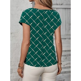 Blusa Feminina Casual Elegante de Manga Curta - Estampa Diamante Verde e Dourado, Gola Redonda, Lavável à Máquina para Moda Primavera/Verão