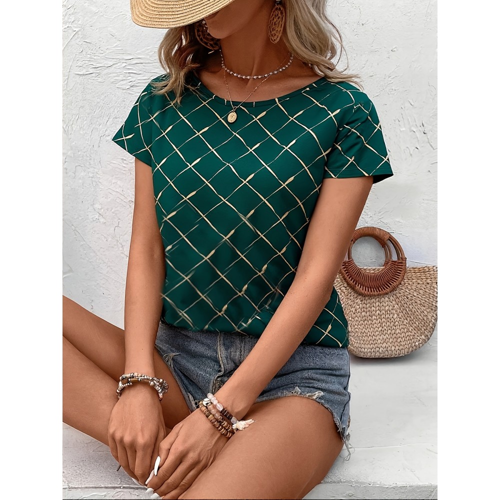 Blusa Feminina Casual Elegante de Manga Curta - Estampa Diamante Verde e Dourado, Gola Redonda, Lavável à Máquina para Moda Primavera/Verão
