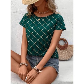 Blusa Feminina Casual Elegante de Manga Curta - Estampa Diamante Verde e Dourado, Gola Redonda, Lavável à Máquina para Moda Primavera/Verão