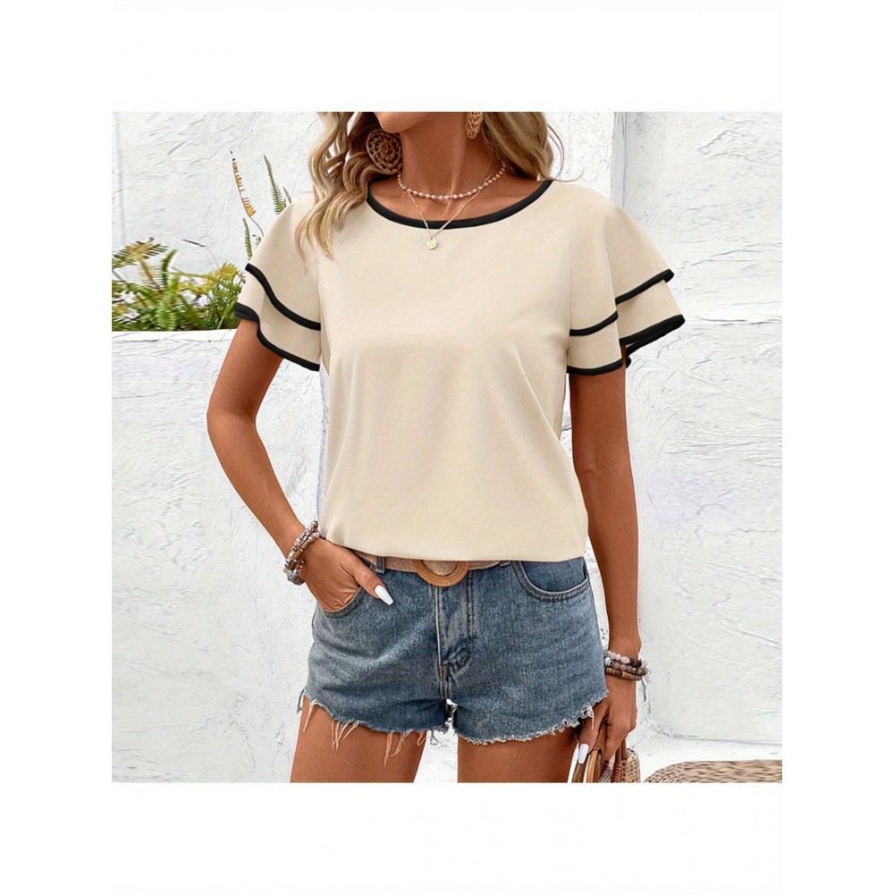 Camisola de manga curta de duas camadas europeia e americana de primavera e verão, com folha de lótus e gola redonda, ideal para férias e proteção contra o vento.