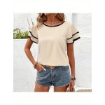 Camisola de manga curta de duas camadas europeia e americana de primavera e verão, com folha de lótus e gola redonda, ideal para férias e proteção contra o vento.