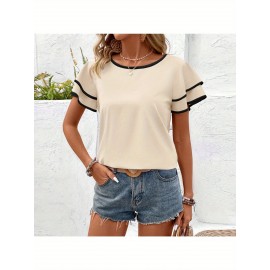 Camisola de manga curta de duas camadas europeia e americana de primavera e verão, com folha de lótus e gola redonda, ideal para férias e proteção contra o vento.