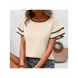 Camisola de manga curta de duas camadas europeia e americana de primavera e verão, com folha de lótus e gola redonda, ideal para férias e proteção contra o vento.