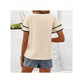 Camisola de manga curta de duas camadas europeia e americana de primavera e verão, com folha de lótus e gola redonda, ideal para férias e proteção contra o vento.