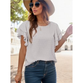 Blusa de manga com borboleta em ponto suíço - Camiseta branca elegante de verão com detalhes de babados, decote redondo, manga curta, top casual para adultos para atitudes casuais, top de verão casual | Top de manga com babados | Decote detalhado
