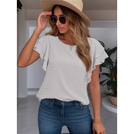 Blusa de manga com borboleta em ponto suíço - Camiseta branca elegante de verão com detalhes de babados, decote redondo, manga curta, top casual para adultos para atitudes casuais, top de verão casual | Top de manga com babados | Decote detalhado