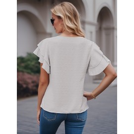 Blusa de manga com borboleta em ponto suíço - Camiseta branca elegante de verão com detalhes de babados, decote redondo, manga curta, top casual para adultos para atitudes casuais, top de verão casual | Top de manga com babados | Decote detalhado
