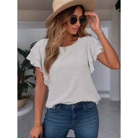 Blusa de manga com borboleta em ponto suíço - Camiseta branca elegante de verão com detalhes de babados, decote redondo, manga curta, top casual para adultos para atitudes casuais, top de verão casual | Top de manga com babados | Decote detalhado