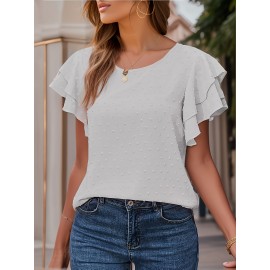 Blusa de manga com borboleta em ponto suíço - Camiseta branca elegante de verão com detalhes de babados, decote redondo, manga curta, top casual para adultos para atitudes casuais, top de verão casual | Top de manga com babados | Decote detalhado