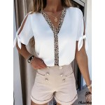 Blusa Feminina Elegante com Decote em V - Blusa de Amarração Frontal, Lavável à Máquina para Looks Casuais e Formais - Roupas Femininas, Guarda-Roupa de Verão, Top Moderno, Confortável, Para Amantes da Moda
