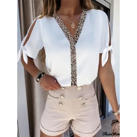 Blusa Feminina Elegante com Decote em V - Blusa de Amarração Frontal, Lavável à Máquina para Looks Casuais e Formais - Roupas Femininas, Guarda-Roupa de Verão, Top Moderno, Confortável, Para Amantes da Moda