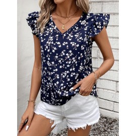 Blusa de Manga Curta em Poliéster 100%, Lavável à Máquina, Estampa Florais Brancos sobre Azul Marinho, Corte Regular e Confortável para Primavera/Verão | Estilo Casual e Feminino, Ideal para Uso ao Ar Livre