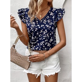 Blusa de Manga Curta em Poliéster 100%, Lavável à Máquina, Estampa Florais Brancos sobre Azul Marinho, Corte Regular e Confortável para Primavera/Verão | Estilo Casual e Feminino, Ideal para Uso ao Ar Livre
